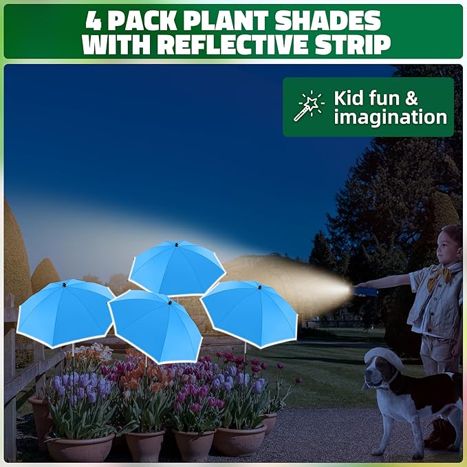 4 Pack 24.9" Plant Umbrellas for Outdoor Plants,47.2" Height Small Umbrella with Reflective Strip, Adjustable Plant Shades for Outdoor Plants, Garden, Potted
