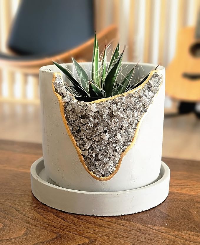 4 Inch Crystal Plant Pot with Saucer - Cement Geode Planter - Concrete Pots for Plants - Modern Succulent Pot Indoor - Unique Air Plant Holder - Candle Holder - Small Plant Home Decor (Smoky Quartz)