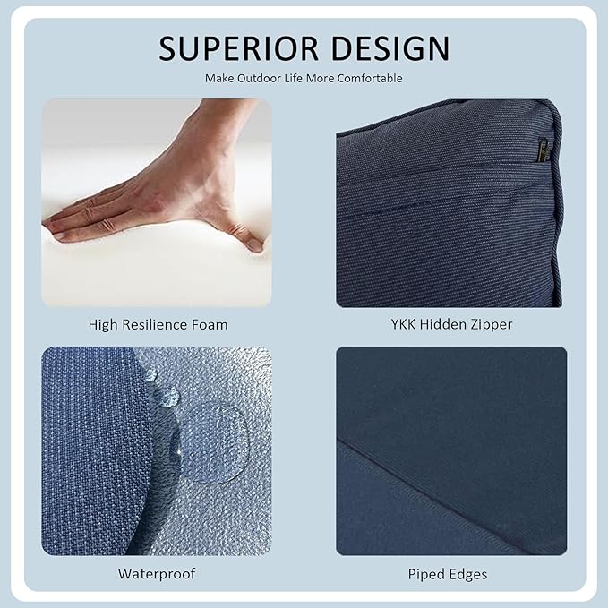 19"x19" Outdoor Universal Cushion Set of 1, Patio Cushions with Handles & Ties, Water-Proof Stain-Resistant UV Resistant Weather Resistant High Resilience Foam,Blue