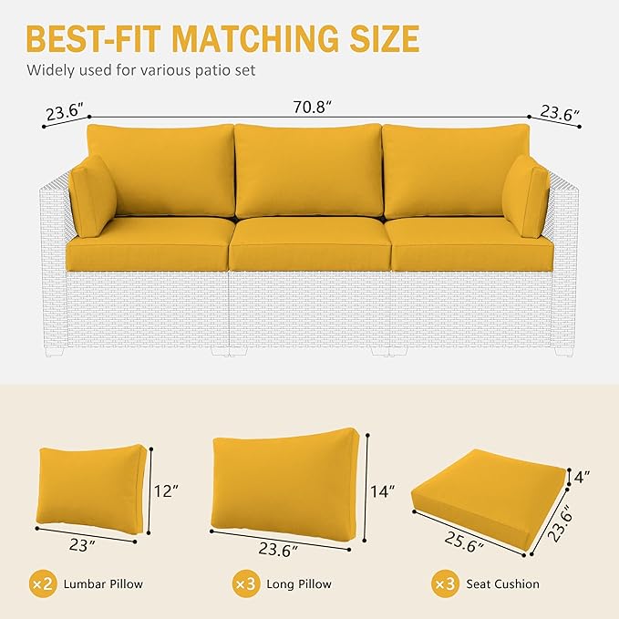 Outdoor Furniture Replacement Cushions, Waterproof Patio Furniture Cushions, 4" Deep Seat Outdoor Sectional Cushion for 3-Seat Outdoors Rattan Sofa Patio Sofa Cushion, Yellow