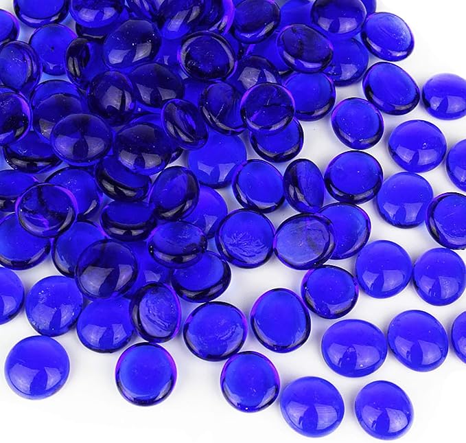 CYS EXCEL Cobalt Blue Glass Gemstone Beads Vase Fillers (2 LBS) Flat Marble Beads Multiple Color Choices Aquarium Decor Rocks Floral Stones Decorative Mosaic Glass Gem Pebbles