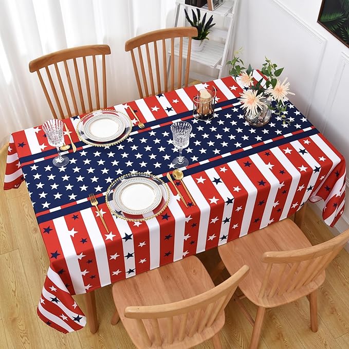 Waterproof Patriotic Tablecloth Fabric - Oblong 52x70 Inch Independence Day Buffalo Tartan Table Cloth for Indoor/Outdoor Use - Washable Tabletop Cover for Dinner, BBQs, and Parties