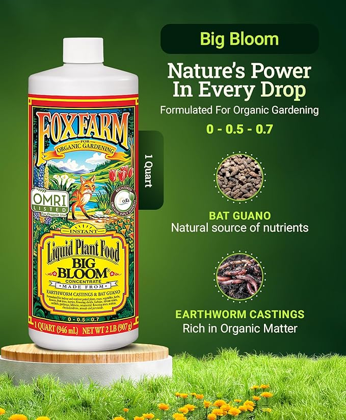 FoxFarm - Big Bloom Plant Food, Liquid Fertilizer Concentrate for Flowers, Fruits, and Vegetables, All Purpose Plant Fertilizer for Indoor & Outdoor Potted Plants, NPK 0-0.5-0.7 (Quart)