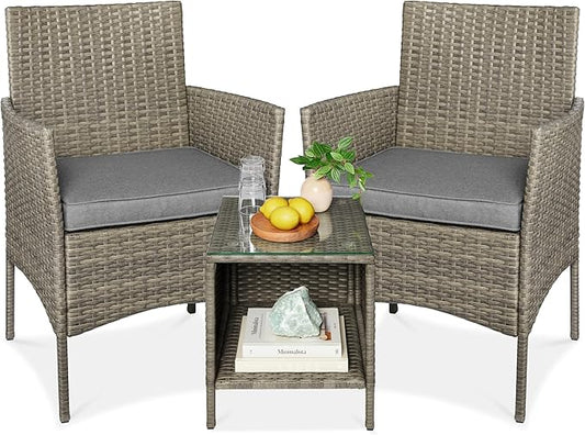 Best Choice Products 3-Piece Outdoor Wicker Conversation Bistro Set, Space Saving Patio Furniture for Garden w/Side Table - Taupe/Cement Gray