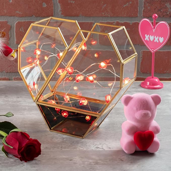 D'Eco Glass Valentine Heart Centerpiece (8x8x2.5)- Tabletop Planter Terrarium for Home Decor & Wedding Letterbox- Fill w/Succulents, Candy, Chocolates, Vday Decorations Valentine's Day Gift for Her
