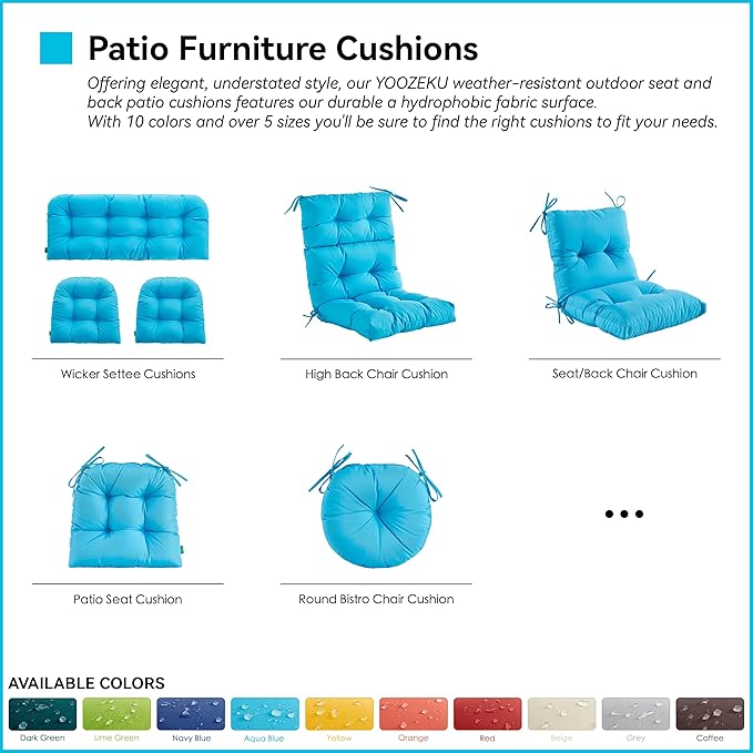 Outdoor Indoor Seat/Back Chair Tufted Cushion,All-Weather Patio Chair Cushion with Ties,for Patio Furniture,Aqua Blue