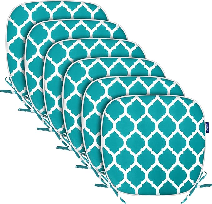 SleepMan Outdoor 17"x16" Chair Cushions with Ties Set of 6, Water Resistant All Weather U-Shape Seat Pads for Patio Garden Furniture Indoor Fade Resistant Patio Cushions (Aqua Plaid)