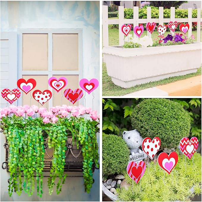 12 Pcs Valentine‘s Day Heart Planter Stakes Valentine Decorative Garden Stake Decor Pink Red White Heart Stake Sign for Patio Lawn Yard Planter Pot Pathway Anniversary Wedding Decor