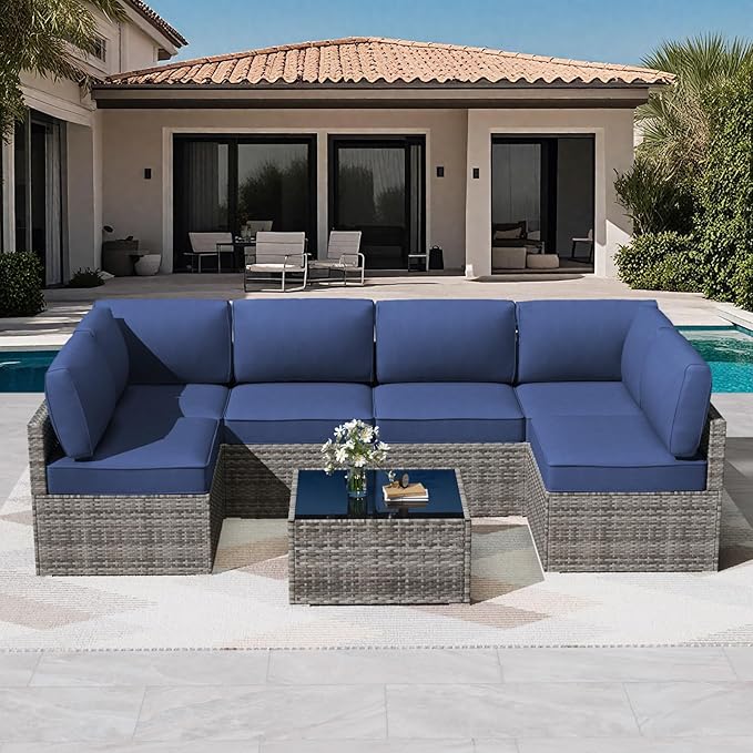 Patio Cushions for Outdoor Furniture,Water-Resistant Outdoor Cushions for 6 Seat Outdoor Sectinal,25.3"×25.3" Deep Seat Sofa Cushions, 14-Piece Outdoor Couch Cushions,Deep Blue