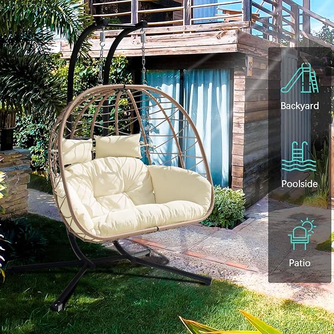 Hanging Egg Chair with Stand Indoor Swinging Chair Outdoor Hammock Egg Chair for Patio, Bedroom, Garden and Balcony (Milky White, Large)