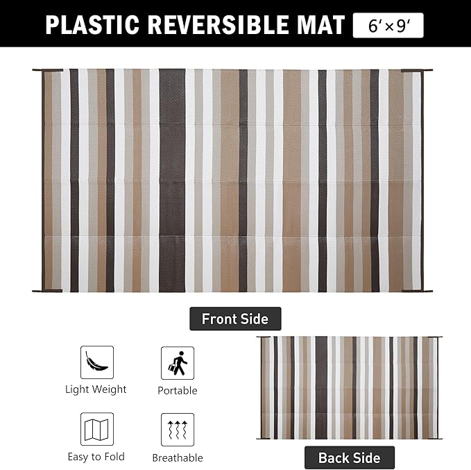 HUGEAR Outdoor Waterproof Rug 6'x9' Plastic Straw Rugs Washable Reversible Floor Mat Brown Stripe Carpet for Camping RV Deck Entryance Porch Picnic Balcony Beach Backyard