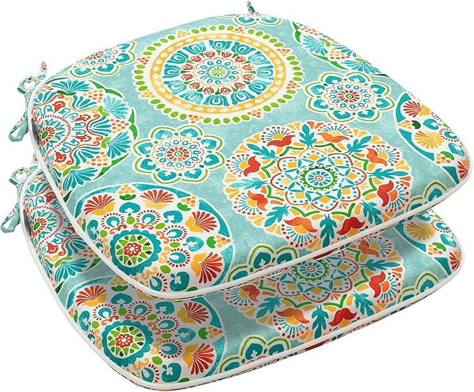 FUNHOME Outdoor Chair Cushions Set of 2, Water-Repellent Patio Seat Cushions D16xW17 Inch, Round Corner Patio Chair Pads with Tie, Seat Cushions for Furniture Garden Office Decoration, Cyan Circle