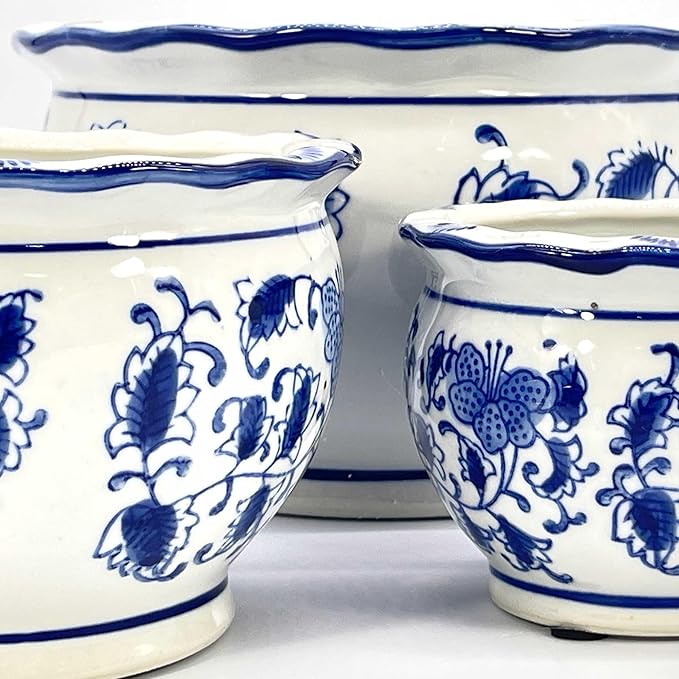 Galt International Blue & White Floral Porcelain Ceramic Decorative Flower Pot 8"/6"/4.5" Garden Pots Chinese Asian Design - Set of 3 Round Pots