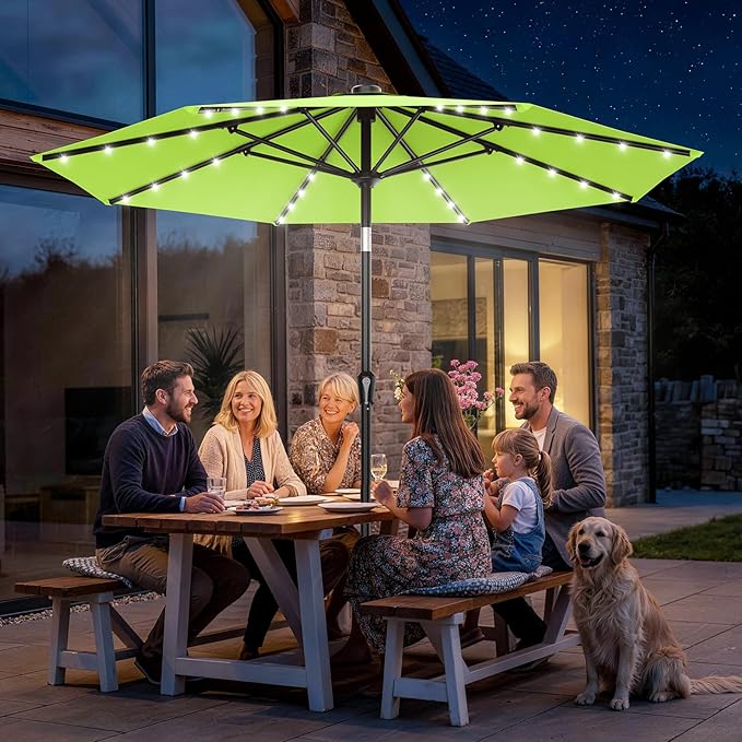 AreShark 9FT Patio Umbrella with Solar Lights, 32 LED Lighted Pool Umbrella w/Tilt and Crank, Outdoor Market Solar Umbrellas for Garden, Deck, Backyard, Pool and Beach, Apple Green
