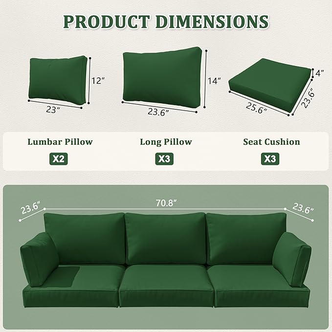8-Piece Outdoor Cushions for Patio Furniture Thick Outdoor Chair Cushions Resilient Foam Waterproof Deep Seat Cushion Replacement for 3-Seat Sectional Sets Liner&Cover Green