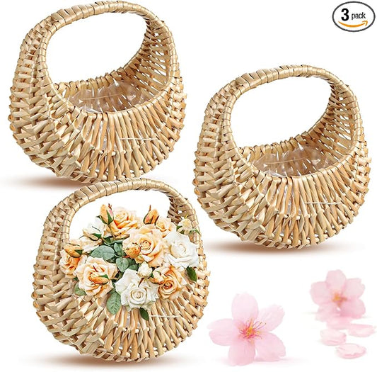 3 Pack Flower Girl Baskets Small Half Moon Wicker Basket with Handle Rattan Basket with Plastic Lining for Wedding, Picnic, Garden, Home Decor