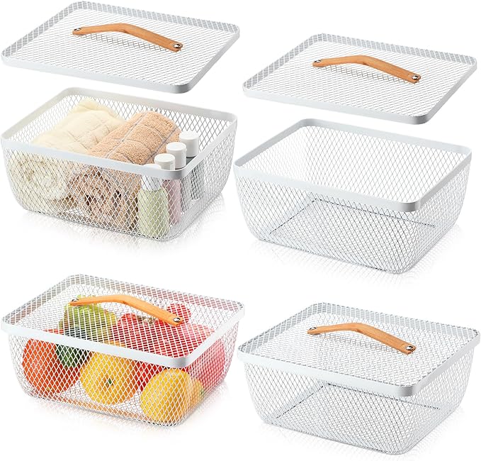 Tandefio 4 Pcs Metal Mesh Basket with Lid and Wooden Handle 9.65 x 7.68 Inch Wire Storage Basket Garden Baskets Organizer Containers for Vegetable Fruit Picnic Kitchen Bathroom (White)
