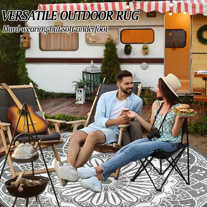 Cekene Round Outdoor Rugs for Patio 6Ft Waterproof Reversible Outdoor Patio Rugs Grey Lightweight Plastic Straw Rugs Portable RV Camping Mat Floor Carpet for Deck Porch Picnic BBQ