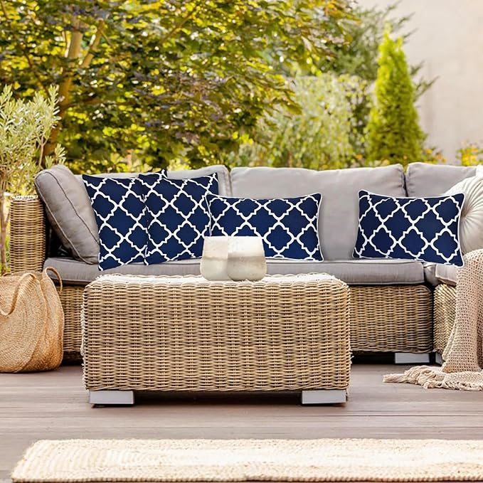 JMGBird Water-Resistant Outdoor Pillows Set of 2, 18x18 inch Durable Navy Blue Grid Pattern Throw Pillows with Inserts for Patio Furniture