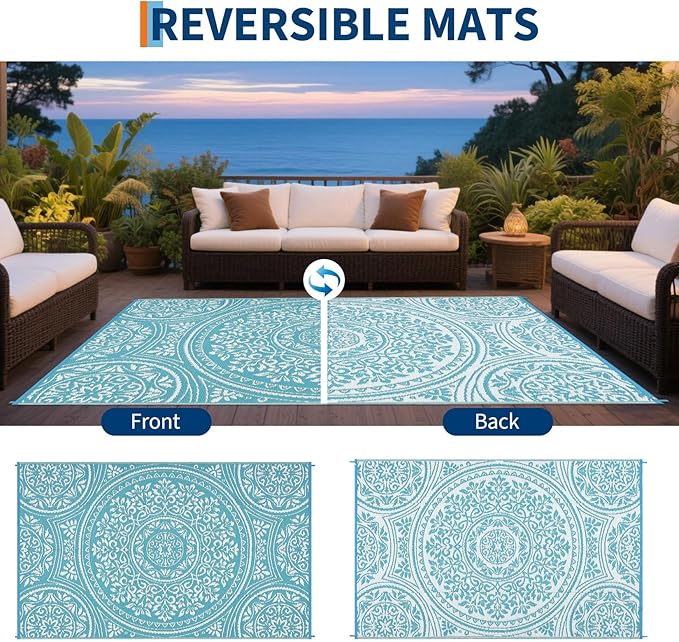 9x12 Outdoor Rug Waterproof Foldable Plastic Straw Carpet for Patio Porch Boho Floral Reversible Mat Lightweight Floor Mat for Picnic, Backyard, Rv, Beach, Deck, Camper, Balcony，Light Blue
