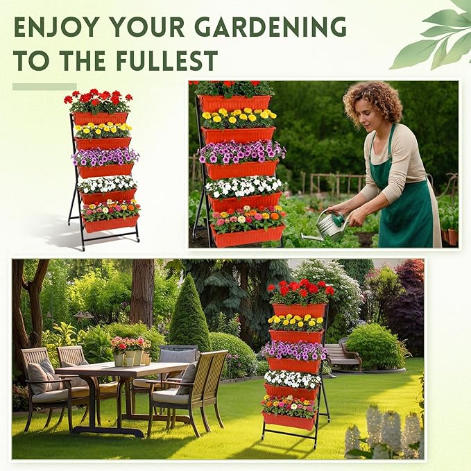 2 Set 4.5 ft Vertical Garden Planter with Lockable Wheels 5 Tier Removable Raised Bed Box for Outdoor Herb Vegetable and Flower Growing Includes Gloves and Screwdriver(Brick Red)