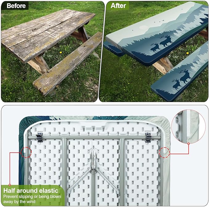 Picnic Table Cover with Bench Covers 6FT 3 Pcs Waterproof Windproof Aesthetic Camping Tablecloth with Drawstring Bag, Fitted for 6 Foot Rectangle Tables and Seats, 72 inch, Blue Deer Forest