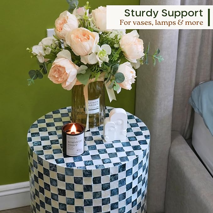 19.7” Checkered Capiz Shells Drum End Table, Decorative Cylinder Side Table & Garden Stool, Round Pedestal Accent Table for Living Room, Bedroom, Indoor & Outdoor (Navy Blue)