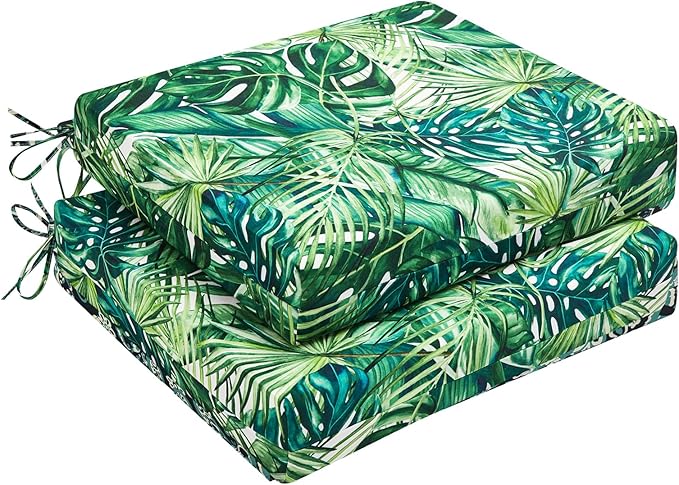 downluxe Outdoor Chair Cushions Set of 2 for Patio Furniture, Water-Resistant Square Corner Patio Chair Cushions with Ties, High Density Foam Outdoor Seat Cushion, 18.5" X 16" X 3", Palm Leaves