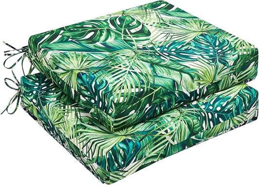 downluxe Outdoor Chair Cushions Set of 2 for Patio Furniture, Water-Resistant Square Corner Patio Chair Cushions with Ties, High Density Foam Outdoor Seat Cushion, 18.5" X 16" X 3", Palm Leaves