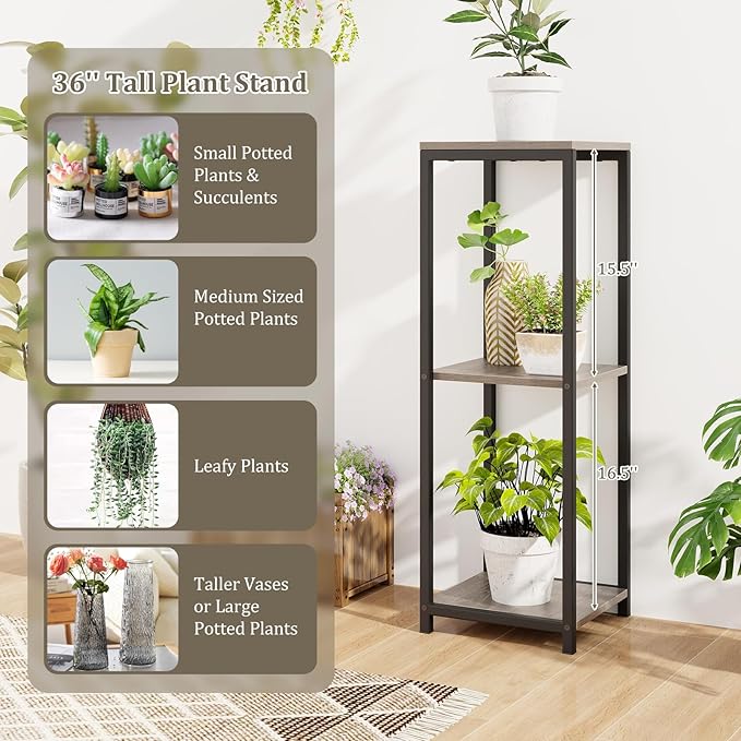 Giantex 3 Tier Tall Plant Stand Indoor, 36 Inch Corner Plant Holder with Metal Frame, Modern Plant Shelf for Multiple Flower Pots, Square Plant Tables for Balcony, Living room, Garden, Tall Plant Stand, 2 Pack