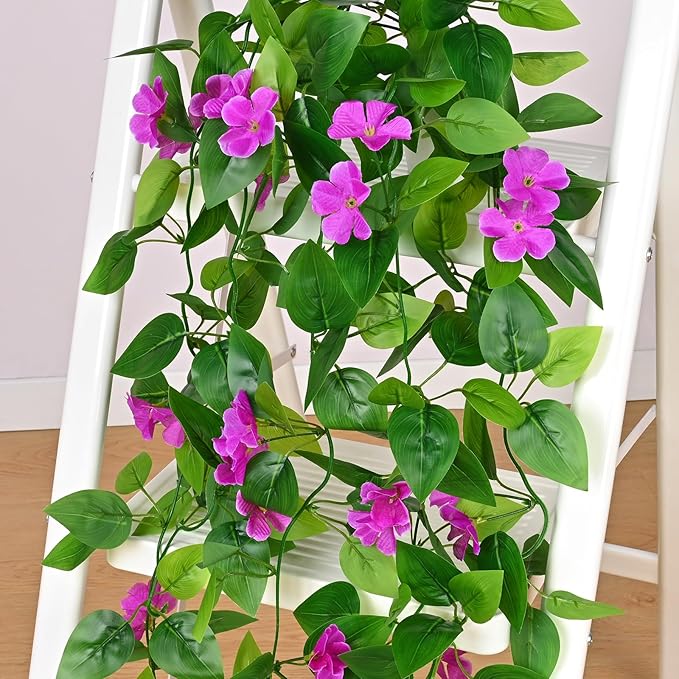 BLEUM CADE Artificial Hanging Flowers for Outdoors, 2pcs Fake Hanging Plants Pothos Vines with Purple Flowers for Wall Home Living Room Indoor Outdoor Decor (No Baskets)