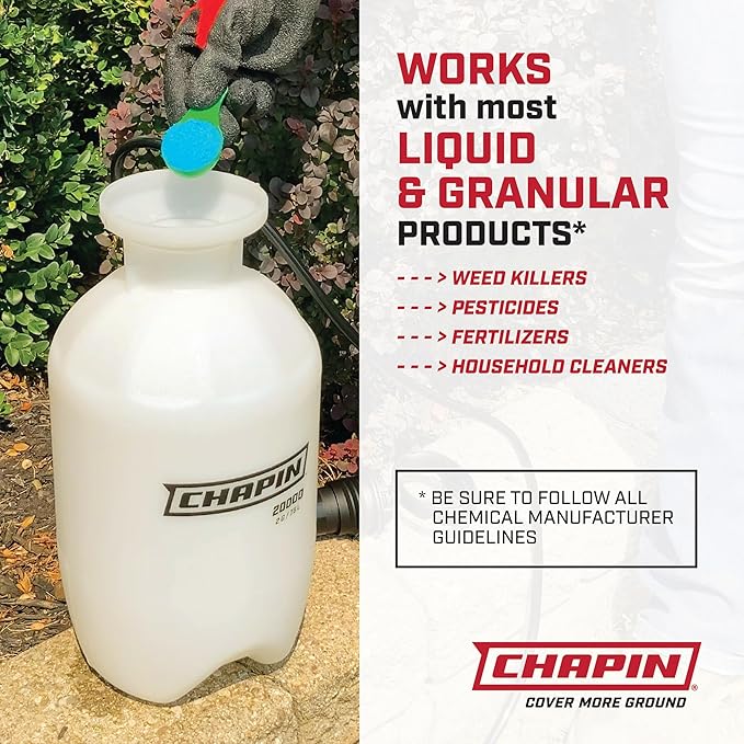Chapin 20006 Pump Sprayer, 3‑Gallon, Lawn & Garden, Translucent Poly Tank, Funnel‑Top, SureSpray Anti‑Clog Filter, Adjustable Cone Nozzle & 34" Hose for Fertilizer, Weed & Pest Applications