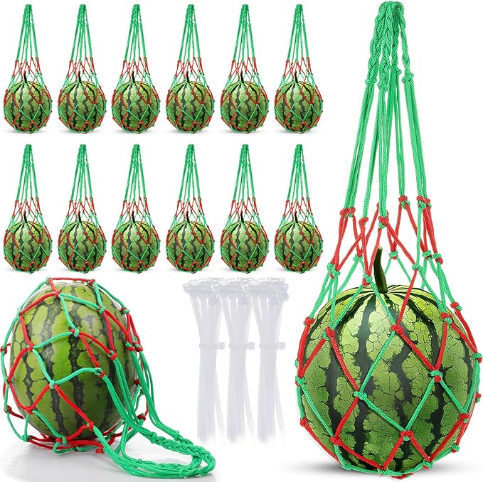 Nuenen 12 Pcs Watermelon Net Melon Hammock Melon Cradle Plant and Garden Supports Pumpkin Support Hanging Bag Protects Watermelons, Honeydew, Squash, Cantaloupes (Red,Green)