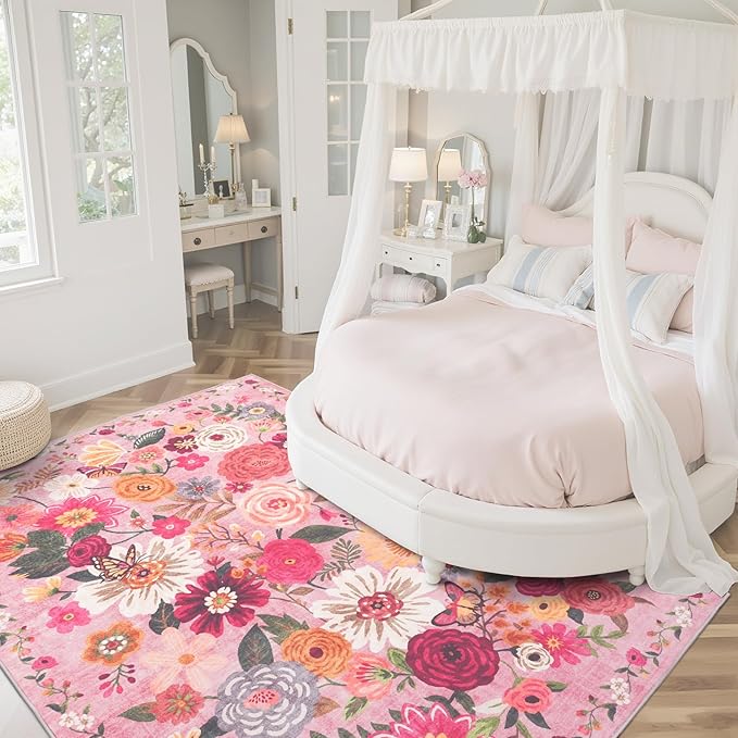 Pink Floral Girls Room Rug 5x8, Non-Slip Washable Rugs for Bedroom Living Room Nursery Kitchen Dining Room Indoor, Ultra-Thin Soft Stain Resistant Girls Room Decor(5 x 8, Pink Garden)
