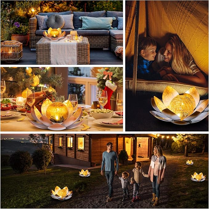 Garden Solar Lights Outdoor(2Pack), Amber Crackle Globe Glass Lotus Decoration, Waterproof Orange Metal LED Flower Lights for Patio,Lawn,Walkway,Tabletop,Ground, Garden Gifts for Women