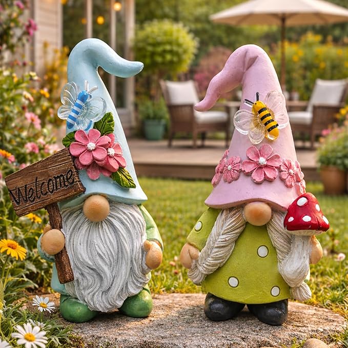 Cute 2 PCS Gnomes Statues Decor, Resin Figurines and Sculpture Décor, for Indoor Outdoor Yard Lawn Garden Home Patio Farmhouse Kitchen Table Decoration(Welcome Sign and Mushroom)