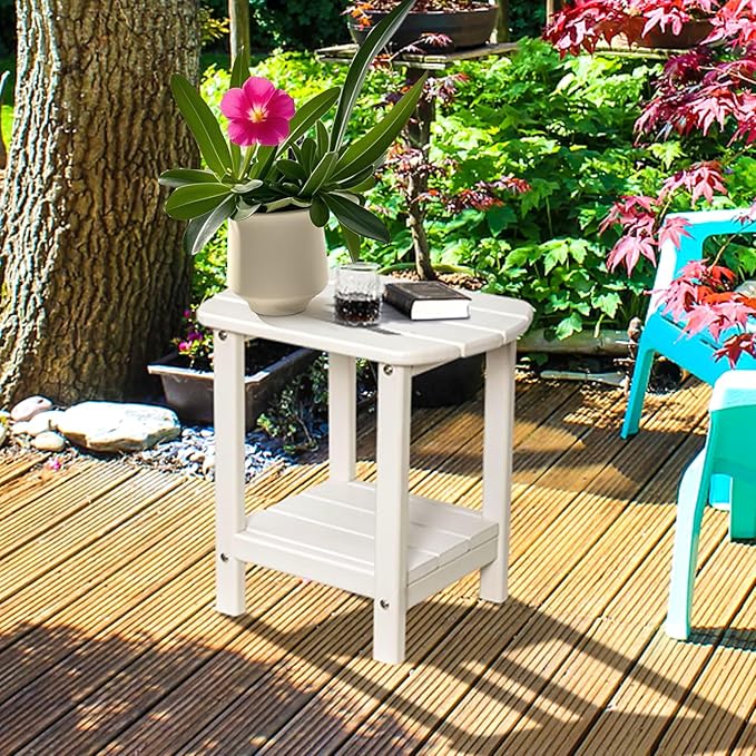 Adirondack Outdoor Side Table, 2-Tier Storage Patio Table, Square HDPE End Table for Garden Backyard Pool, Waterproof & Low Maintenance Furniture for Porch Deck