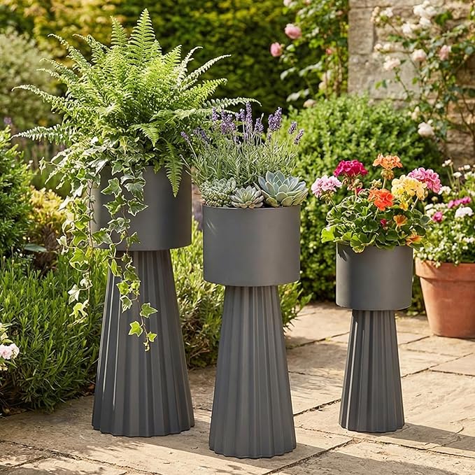 Tall Round Flower Pots, Set of 3 Metal Planters for Indoor Outdoor Plants, Large Planter Pot, Planters for Garden Front Porch Patio, 22.83", 26.77", 29.72" H, Dark Gray