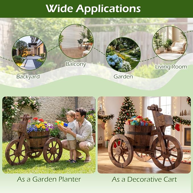 Giantex Wooden Wagon Planter with Wheels, Rustic Wood Plant Stand with Drainage Hole for Flowers Herbs Vegetables, Indoor Outdoor Decorative Garden Flower Cart for Patio Backyard Balcony (2)