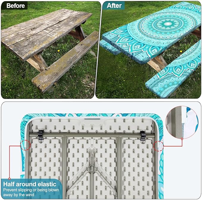 Picnic Table Cover with Bench Covers Camping Essentials Waterproof Windproof Camping Tablecloth with Drawstring Bag, Fitted Rectangle Tables and Seats, 96in, Ice Blue