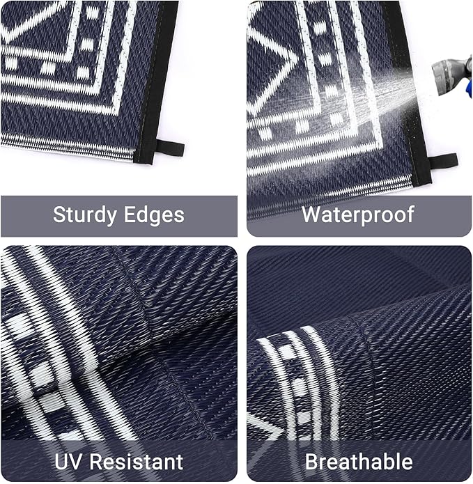 Garvee Outdoor Rug 9x18 Waterproof for Patio, Large Plastic Straw Mat for Camping, Porch, RV, Reversible Rugs for Deck Entryance Picnic Balcony Beach,Black/Blue