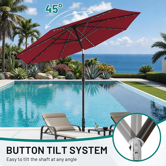 AreShark 9FT Patio Umbrella with Solar Lights, 32 LED Lighted Pool Umbrella w/Tilt and Crank, Outdoor Market Solar Umbrellas for Garden, Deck, Backyard, Pool and Beach, Dark Red