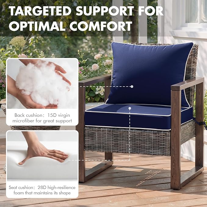 MIULEE Navy Outdoor Seat Cushion 22x22 Inch Waterproof & 3 Year Fade Resistant Deep Seat and Back Cushion for Patio Furniture Chair Sofa Couch with Handle and Adjustable Straps