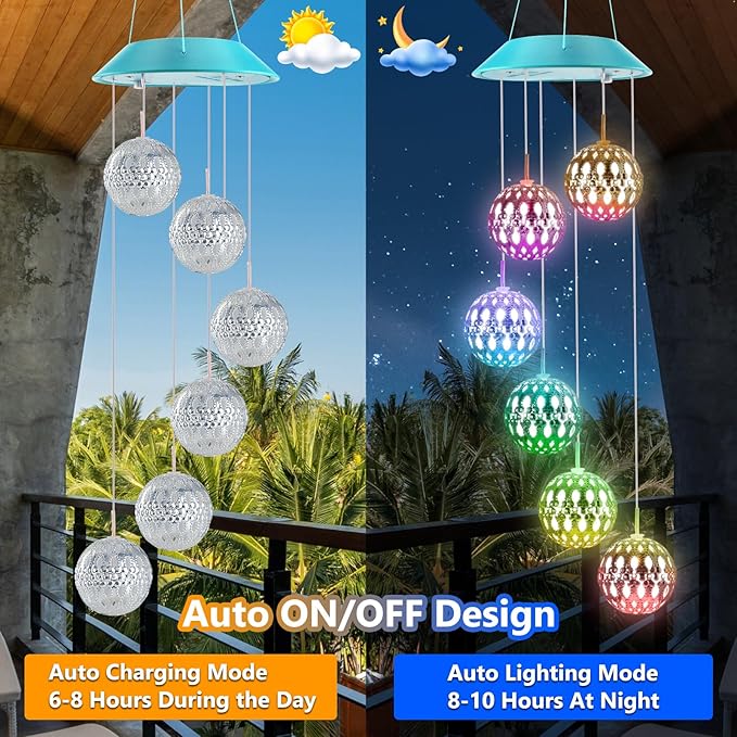 Solar Moroccan Ball Gifts for Mom Grandma Girls, Color Changing Christmas Solar Wind Chimes for Outside, Outdoor Decorative Mobile Lights for Garden, Yard, Patio, Window, Party.