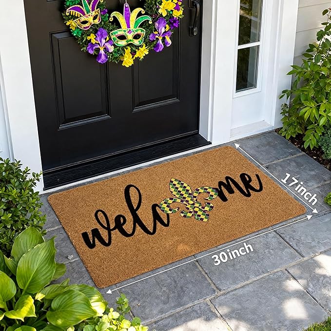 Mardi Gras Welcome Door Mat Outside Entrance, Faux-Coir Thin Doormat, Holiday Outdoor Decoration Outdoor Porch-Rug 17"X30" Non-Slip Dirt-Trapping for Home Garden Farm Spring Decor