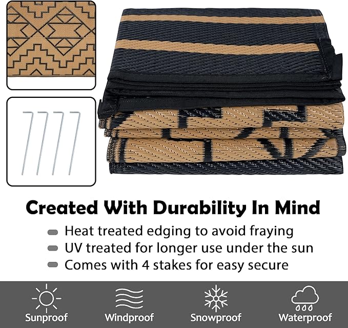SAND MINE Reversible Mats, Plastic Straw Rug, Modern Area Rug, Large Floor Mat and Rug for Outdoors, RV, Patio, Backyard, Deck, Picnic, Beach, Trailer, Camping (6' x 9', Black & Brown)