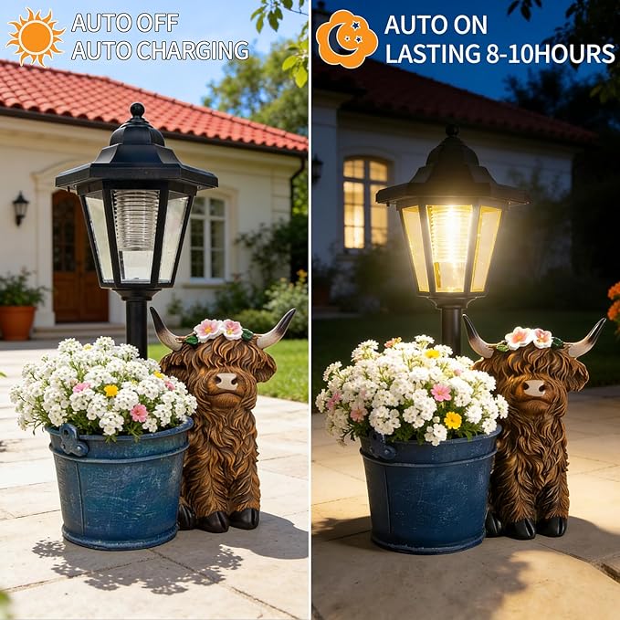 Solar Highland Cow Outdoor Statue, Garden Decor with Flowerpot & Lantern Highland Cow Figurines for Yard Art Lawn Ornaments Porch Patio Balcony - Gifts for Women Mom