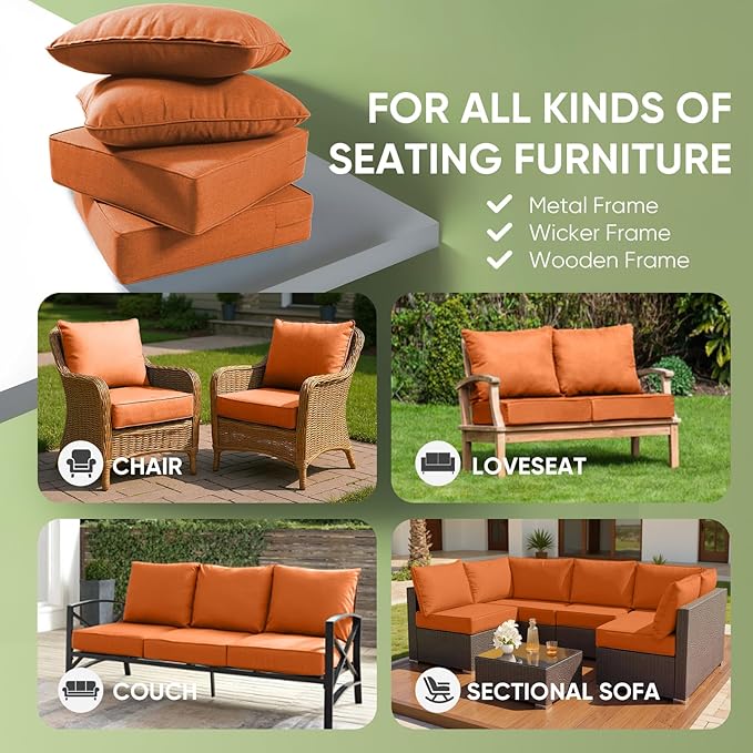 Outdoor Chair Cushions Set of 3, Waterproof 24x24 Patio Chair Cushion, 6" Thickened Seat Cushion for Outdoor Furniture, Couch Cushion Replacement, Include 3 Back & 3 Seat Cushions, Thick/Orange