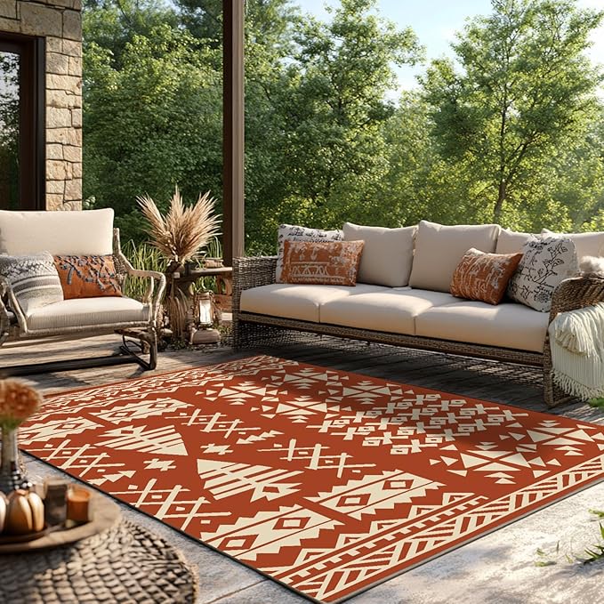 WILDROOTS 8x10 Feet Plastic Exotic Red Outdoor Rug, Stain Resistant Waterproof Reversible Outdoor Patio Rug, Fade Resistant Camping Rug