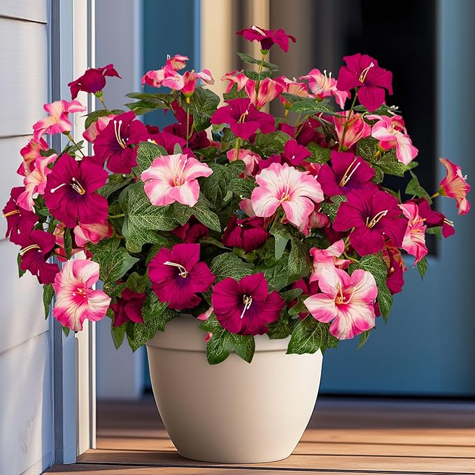 19 Inch Artificial Flowers for Outdoor Indoor Garden Home Decoration,Faux Flower for Home Office Garden Patio Balcony 4 Bundles (Rose red Pink)